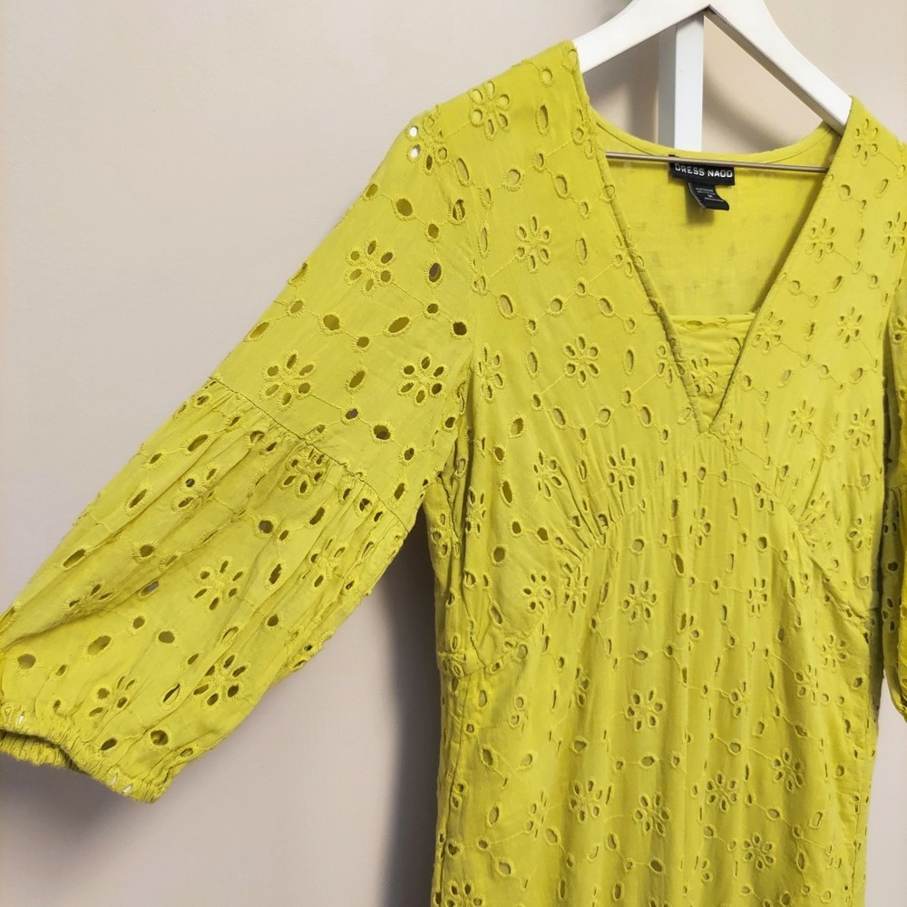 Dress Nado Chartreuse Yellow Cotton Eyelet Midi Dress Balloon Sleeve M Boho‎